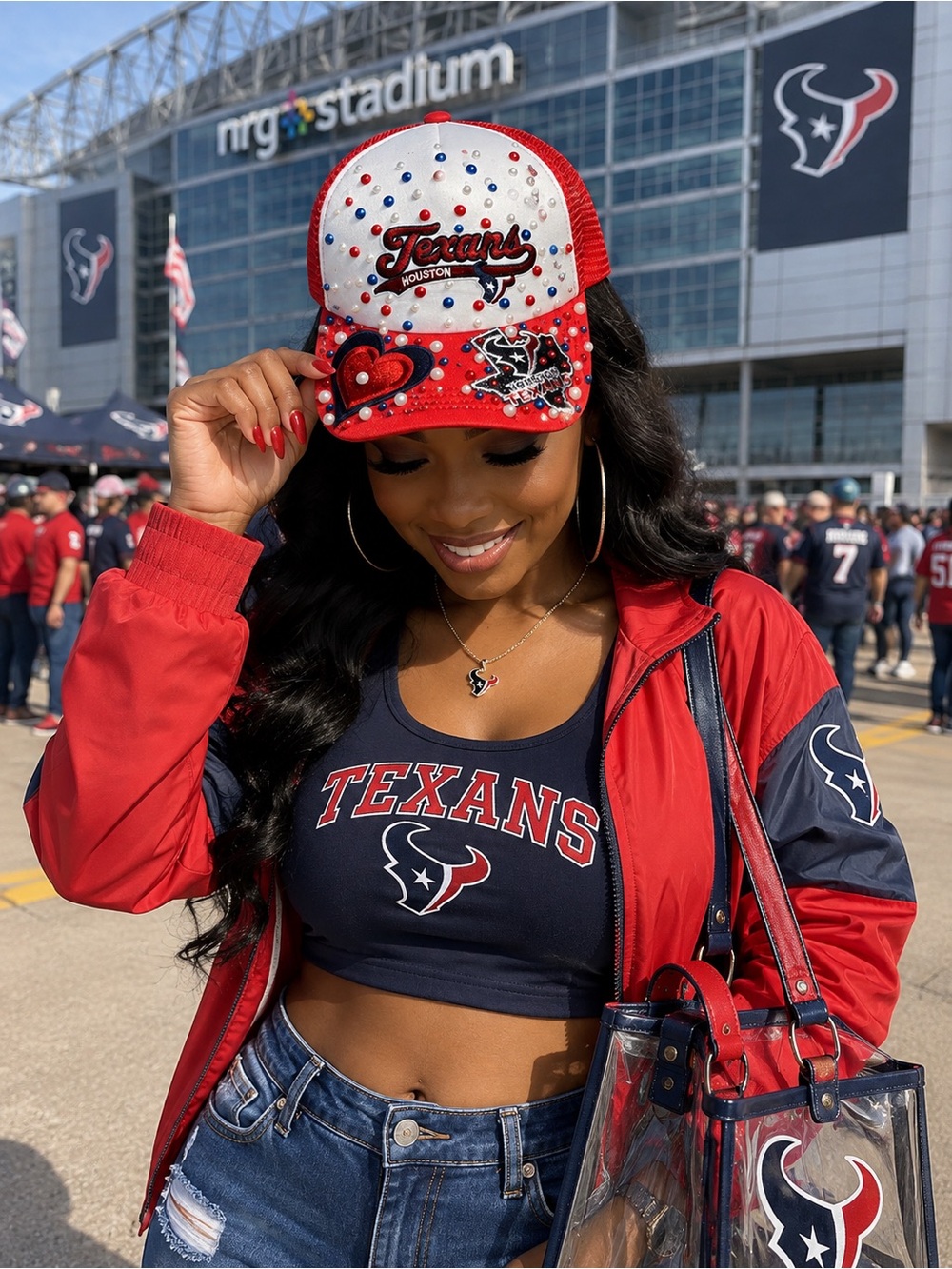 Custom Red & White Rhinestone Texans Trucker Junk Hat